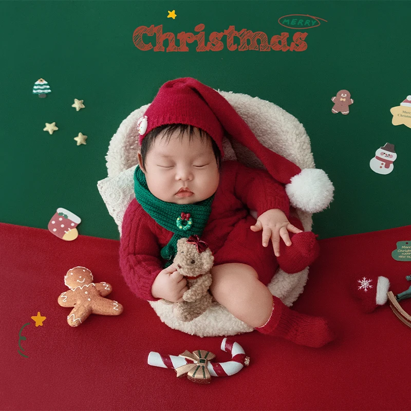 جديد عيد الميلاد الوليد التصوير الزي الطفل الدافئة الأحمر محبوك رومبير + قبعة/بوم بوم بوم + وشاح أخضر احتفالي حفلة أزياء الطفل