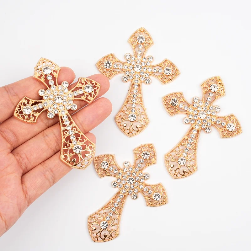 1Pc Gothic gold hollowed out filigree inlaid with transparent rhinestone cross pendant DIY necklace jewelry making accessories