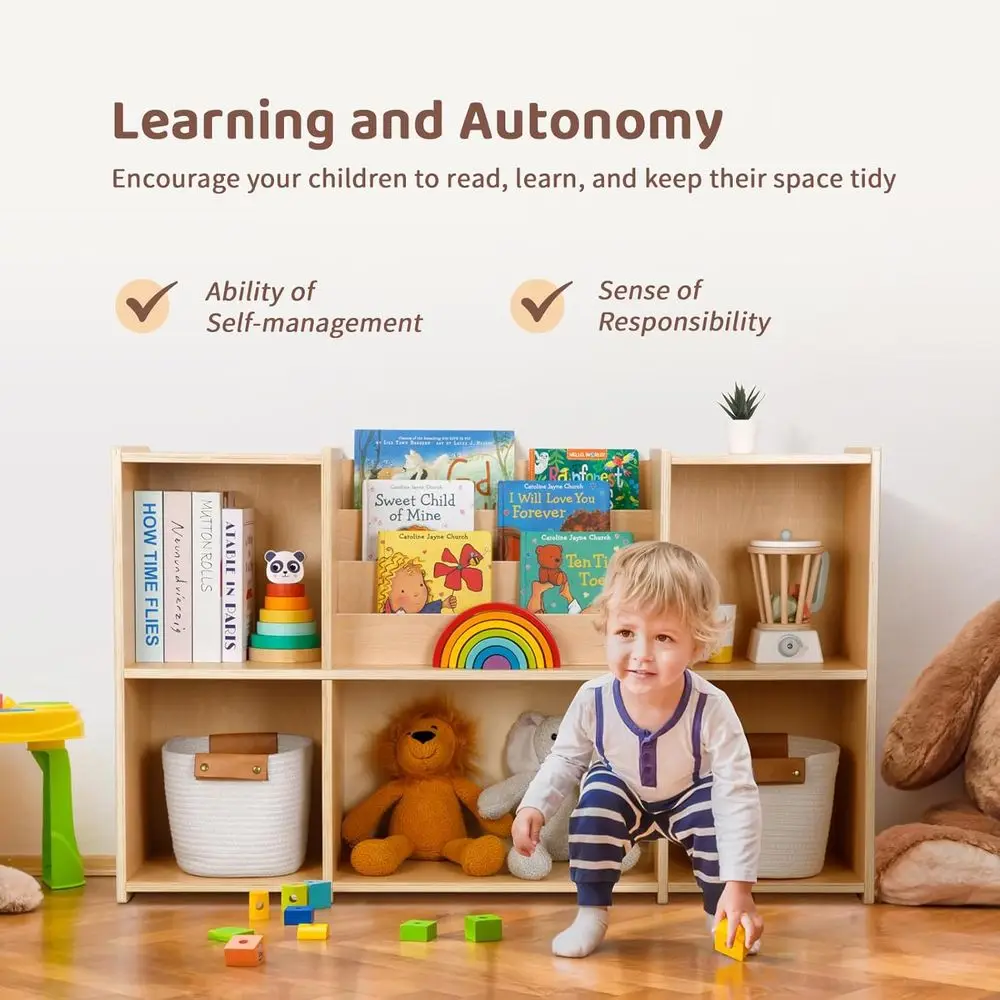 منظم كتب وألعاب مونتيسوري للأطفال بطبقتين، خزانة تخزين مكونة من 5 أقسام للفصول الدراسية وغرفة اللعب #5