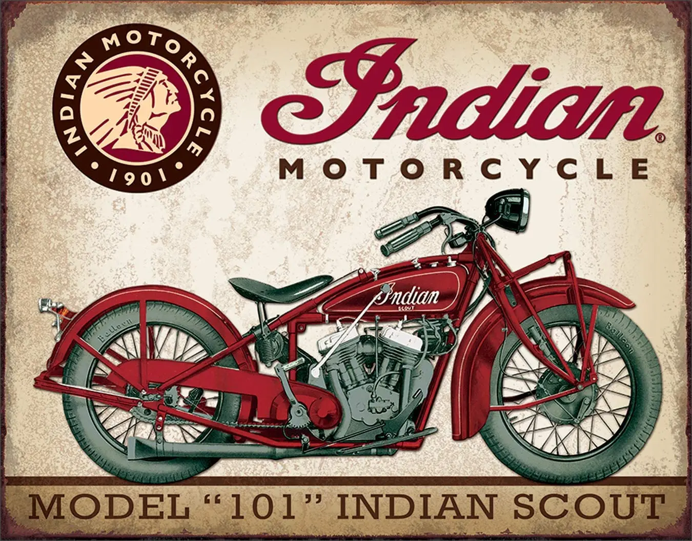 Indian Scout Motorcycle Tin Sign - 1928 Indian Scout Motorcycle and Sidecar Tin Signs - Vintage Metal Tin Sign Retro Poster