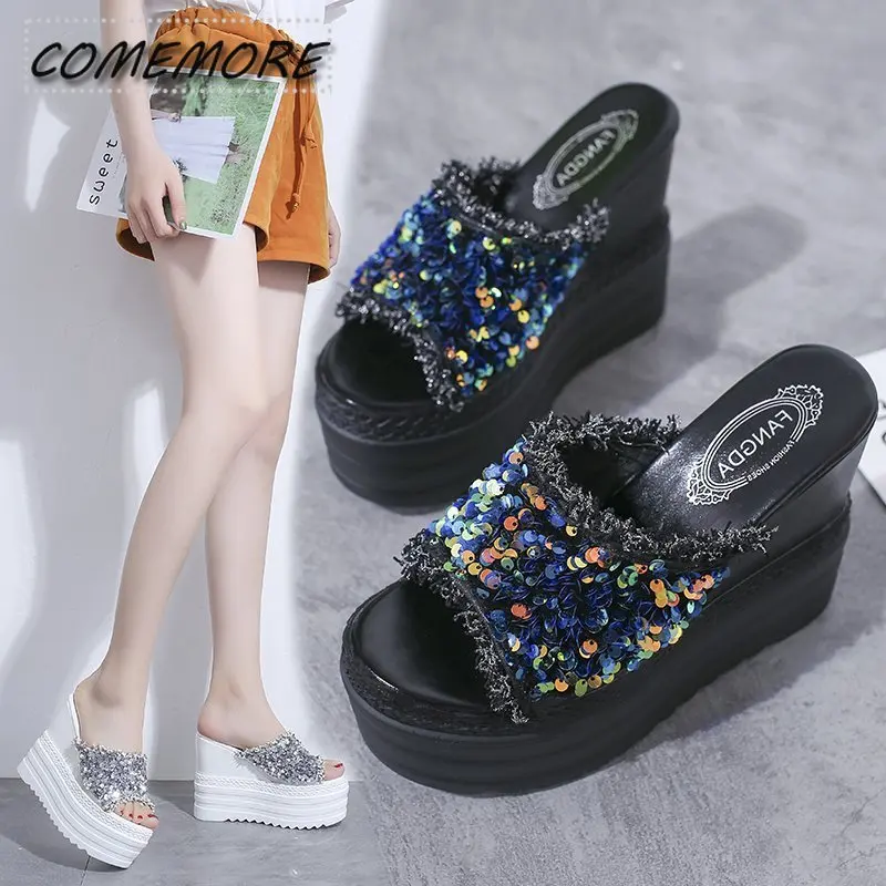 Platform Flip Flops Shoes Woman\'s 2025 Trend Wedge Heel Summer Casual Crystals Round Head Footwear High Heeled Outside Slippers