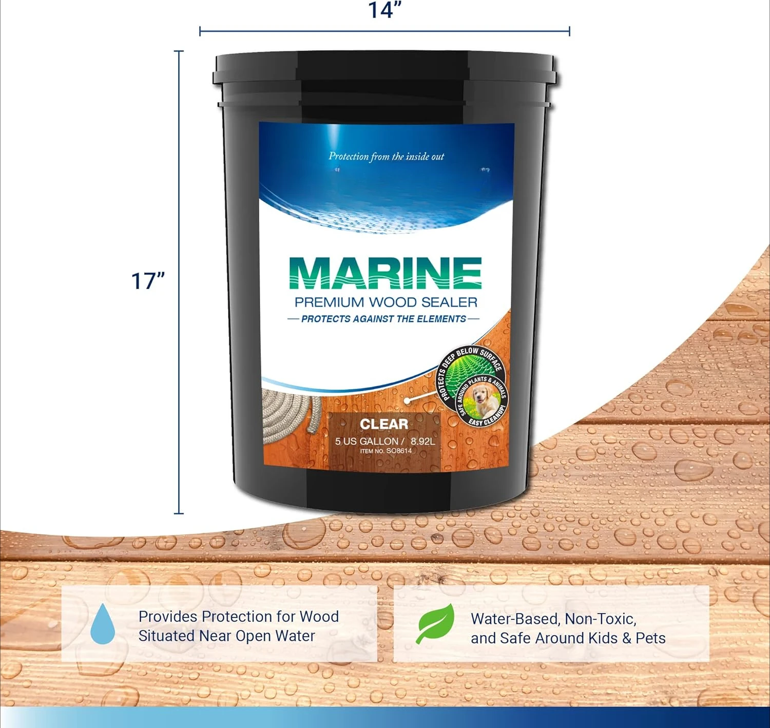 Marine Premium Wood Sealer - Waterproof Sealant - Wood Stain and Sealer in One - 5 Gallon & Clear