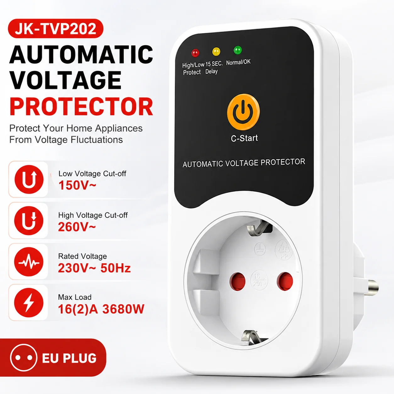 EU Voltage Protector 16A 230V Home Over Under Voltage Protection Socket Automatic Recovery Power Surge Protector Safety Switch