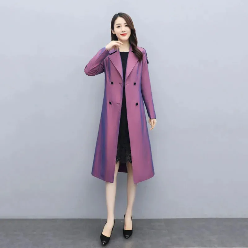 Purple Women\'s Windbreaker Coats 2023 Spring Autumn New Chameleon Chic Long Trench Coat Over The Knee Overcoat Outerwear Female