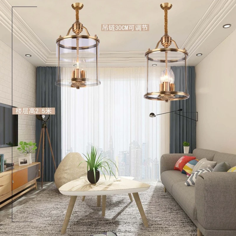American Industrial Style Pendant Light Glass Cylinder Cage LED Chandelier Villa Hotel Living Room Luxurious Adorn Hanging Lamps