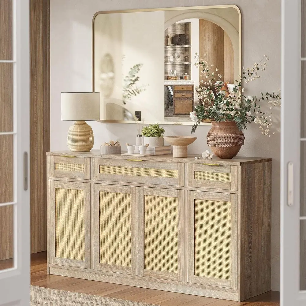 55 Rattan Sideboard Buffet Cabinet with 4 Drawers, Storage & Adjustable Shelves, Suitable for Dining or Living Room, Natural Fin