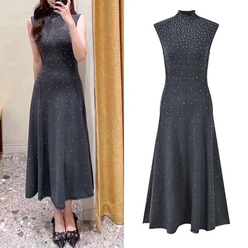 Elegant Heavywork Knitted Long Sleeve Open Cardigan Grey Sleeveless Dress Set High End Version European Style Fashionable Wom...