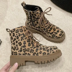 35-42 Women Fashion Leopard Print Autumn Winter Thick Soled Lace Up Short Boots Chunky Comfort Waterproof Non Slip Ankle Boots