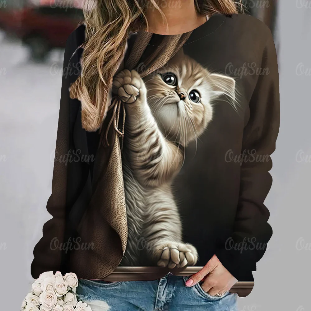 Cute Cat Print Fashion Women\'s Long Sleeves T-shirts Fall Women Clothing Casual Cotton Pullover Loose Female Tops Streetwear