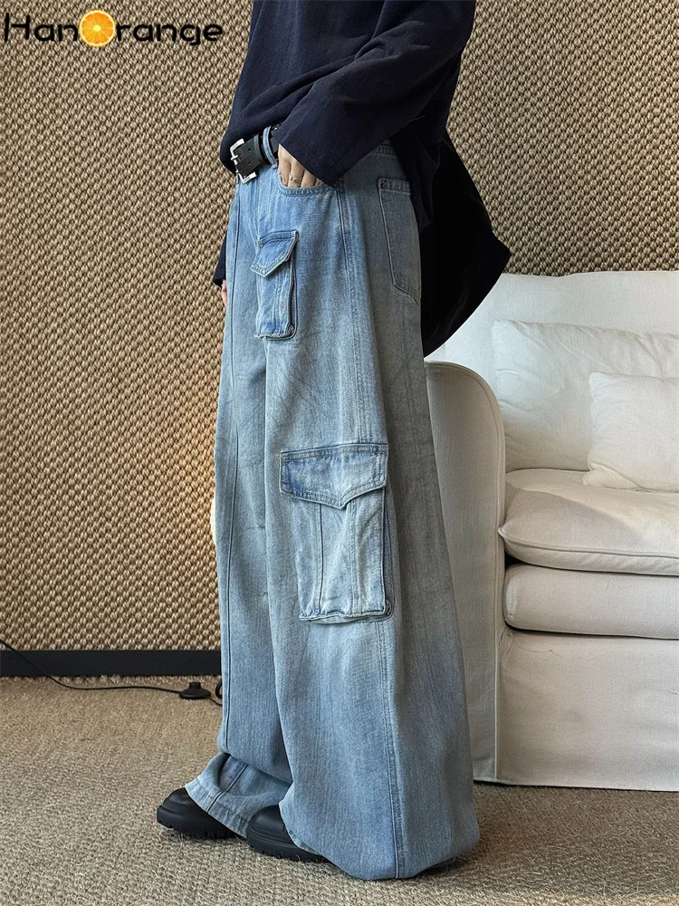 HanOrange 2026 Summer Retro Workwear Distressed Multi-Pocket Patchwork Denim Pants Women Loose Cargo Jeans Blue