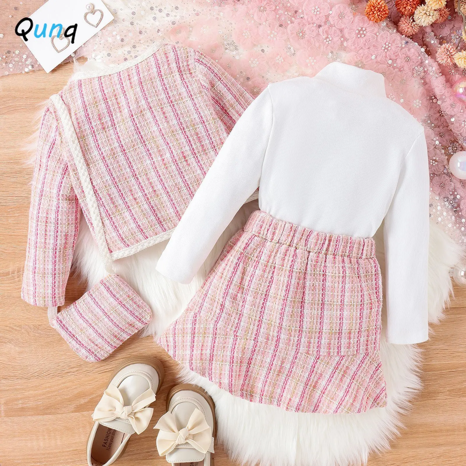 Qunq 2023 autunno INS nuove ragazze cappotto a righe manica lunga collo alto Top + gonna e confezione 4 pezzi Set Casual bambini Cluthes età 3T-8T