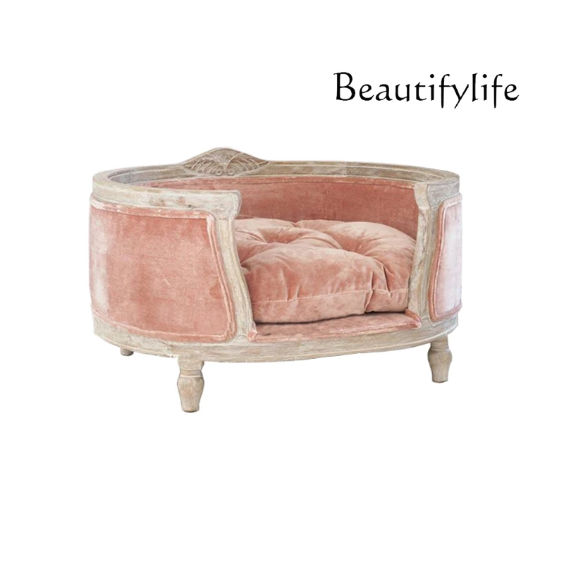 

French retro weathered old solid wood lazy sofa single casual pet nest sofa