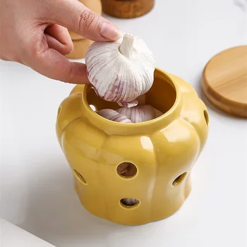 Ceramic Garlic Storage Jar with Lid Pumpkin shape 1