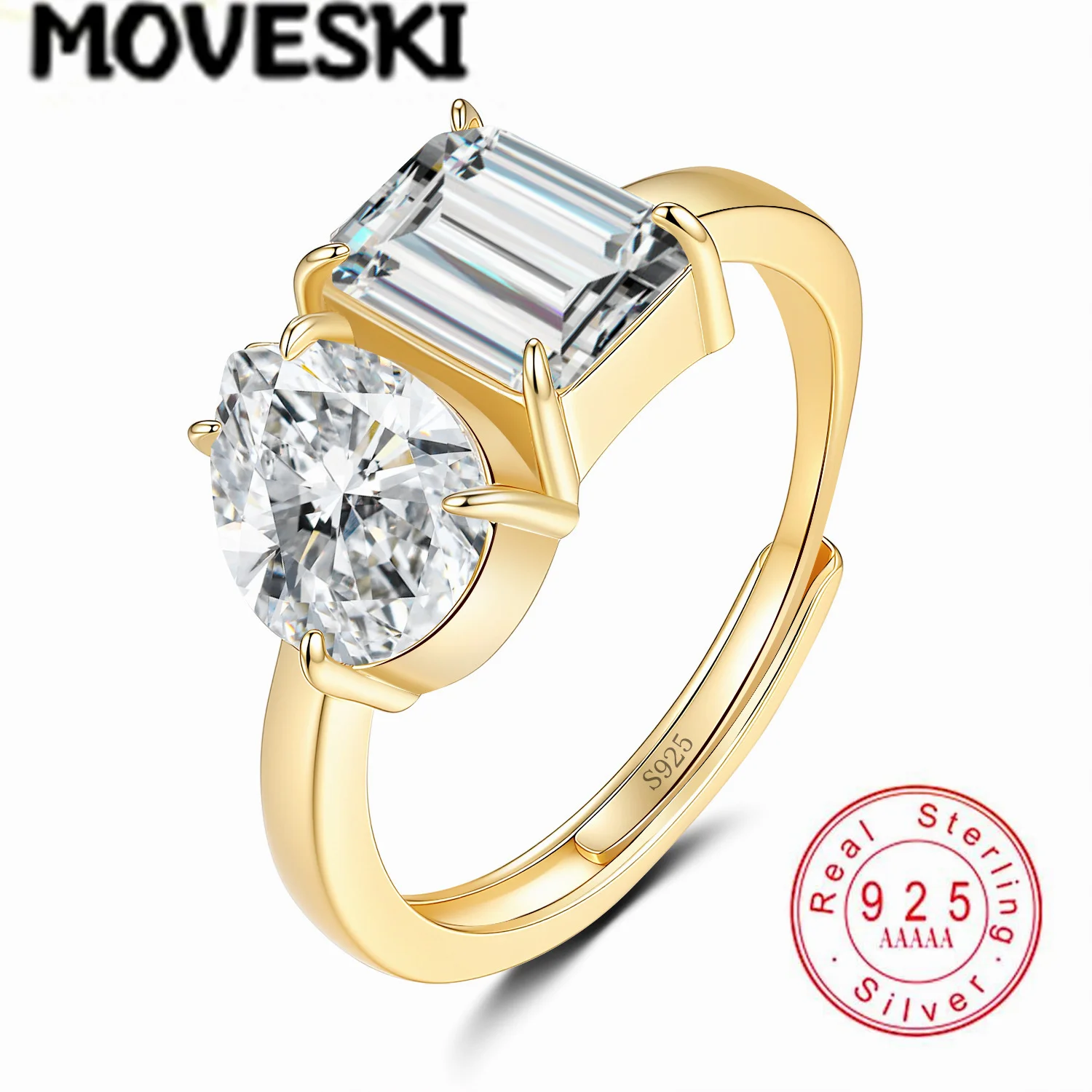 

5CT Two Stone Moissanite Ring Pear & Emerald Cut S925 Sterling Silver Adjustable Engagement Wedding Ring For Women