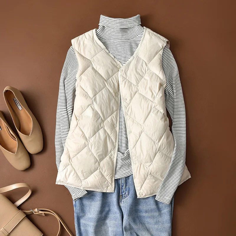 2023 New Autumn Winter Women Thin Light Down Liner Jacket Korean Slim Short Female Warm White Duck Down Sleeveless Coat