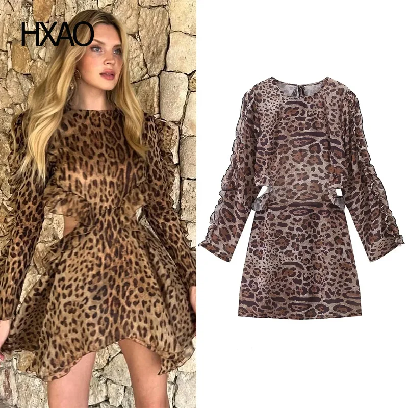 

HXAO Leopard Print Backless Dress Women Hollow Out Ruffle Dress Vintage Long Sleeve Dress Female Short Dress O-Neck Summer Dress