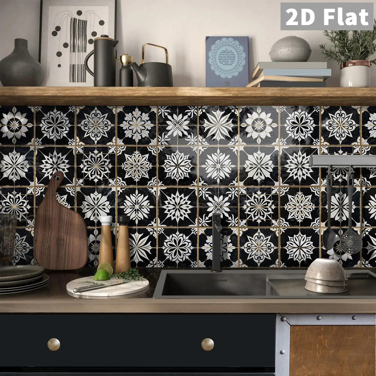 

Black and white retro flower tiles, ceramic tile stickers, kitchen, bathroom, living room background wall decoration stickers