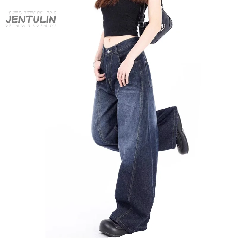 Korea Chic Fashion Elegant Embroidered Patchwork Jeans Women Vintage Washed Blue Denim Straight Loose Slim Versatile Trend Pants