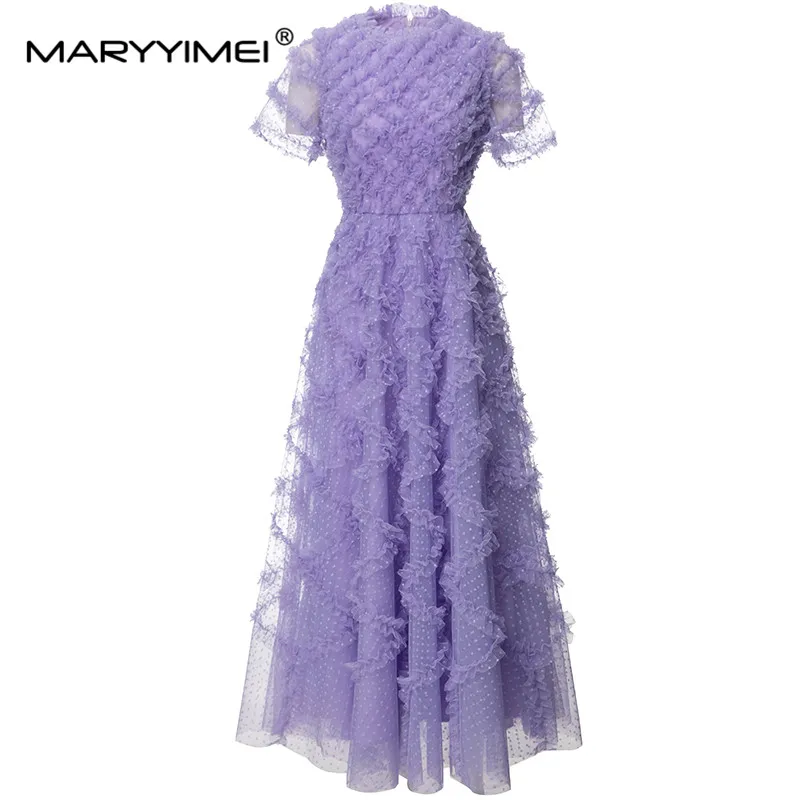 MARYYIMEI Fashion Women's 2024 Spring New Round Neck Short-Sleeved Mesh Tiered Flounced Edge Elegant Bohemian Ball Gown Dress