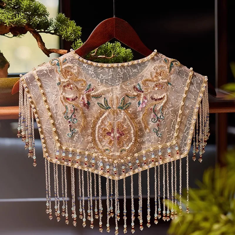 Women\'s Pearl Beaded Embroidery Luxury Tassel Pashmina Female Shawl Cloak R2655