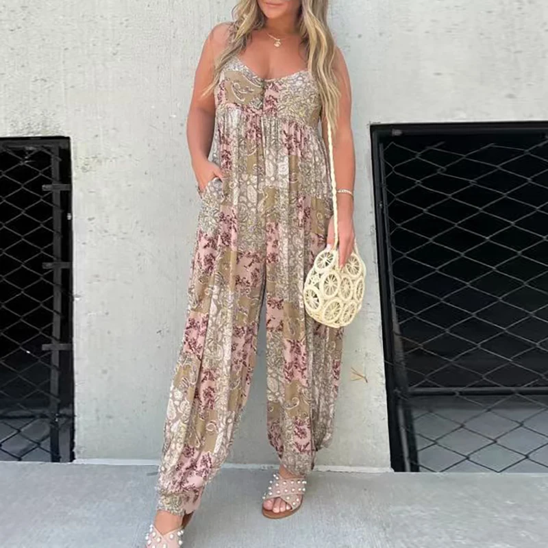 

Fashion Sleeveless Sling Jumpsuits For Women Pinted Casual Pockets Pencil Trousers Summer Autumn Elegant Commute Female Rompers