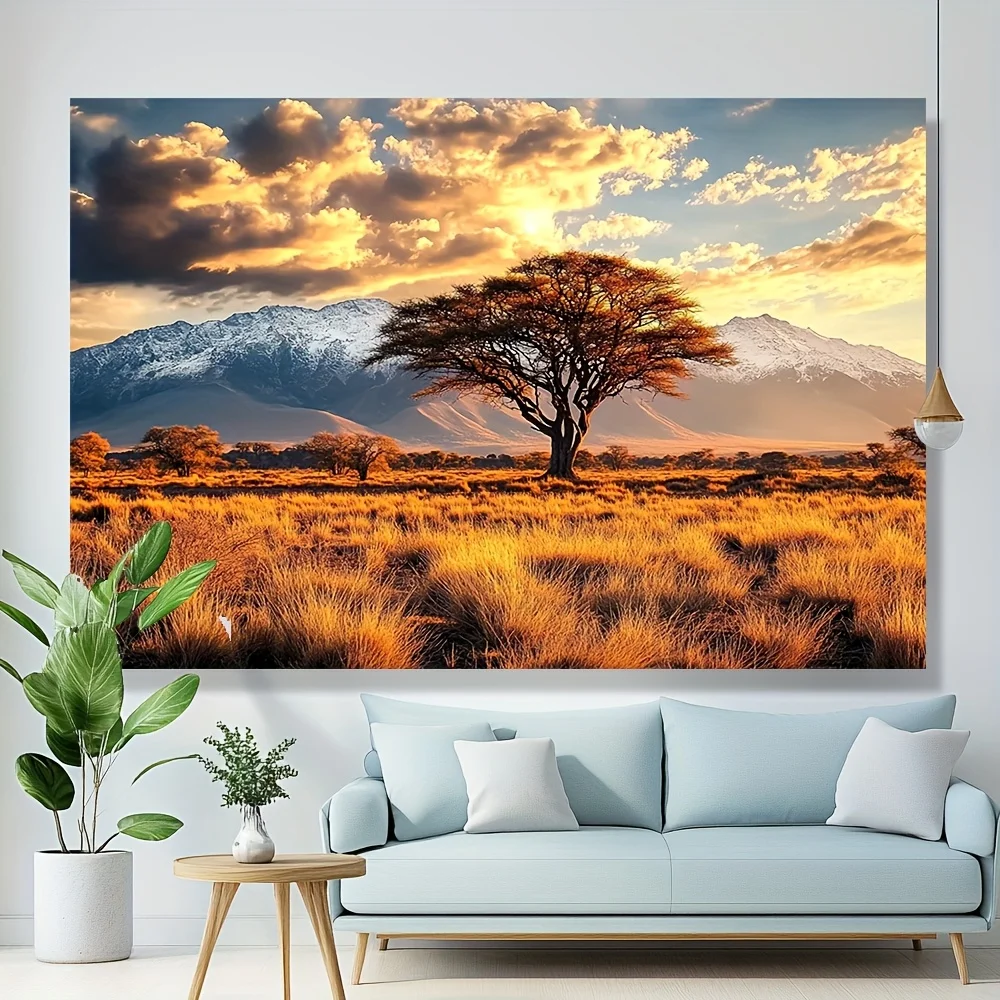 Desert Landscape With Acacia Tree Sunset Golden Grass Mountains Wall Tapestry Nature Art Decor Home Interior Design Living Room