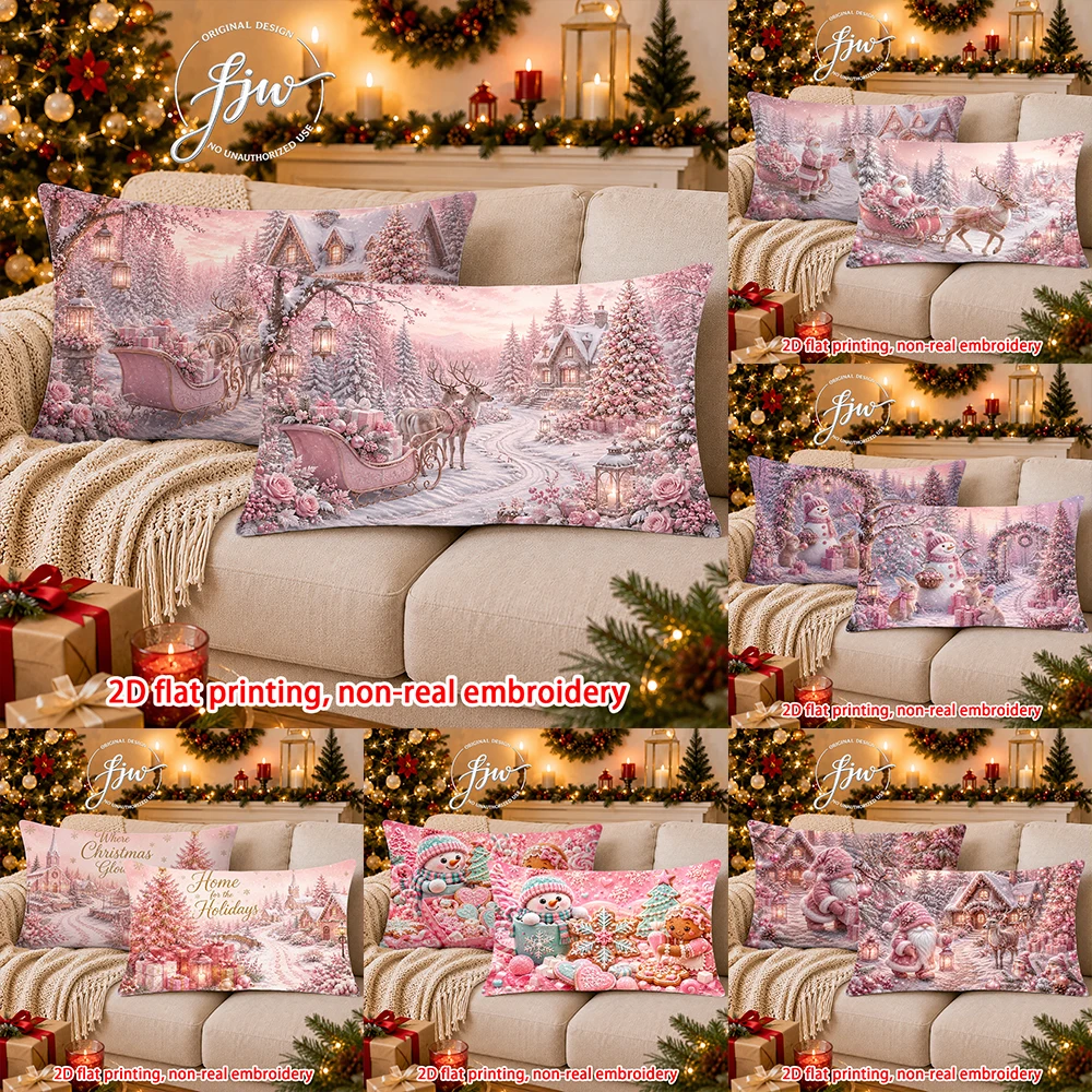 2pc Pink Christmas Winter Wonderland Throw Pillow Covers, Cute Santa Snowman Gnome Holiday Decorative Pillow Cases for Sofa