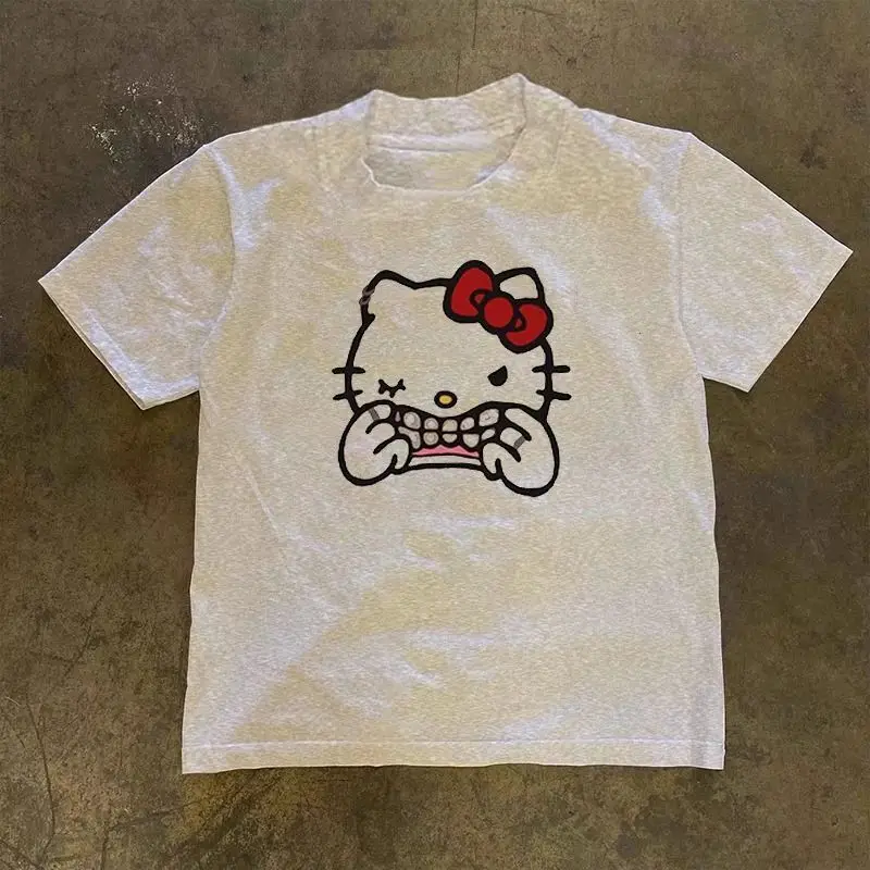 Miniso Sanrio Hellokitty Grey T-shirts Cute Cartoon Kitty Printed Tees O-neck Oversized Tops Girls Harajuku Y2k Shirts For Women