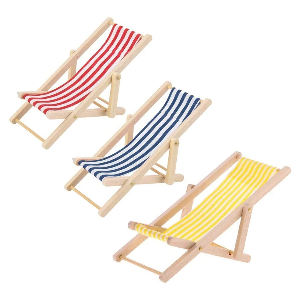 FBIL-3Pcs 1:12 Miniature Foldable Wooden Beach Chair Mini Deck Chair Longue Deck Chair With Stripe Dollhouse Accessories