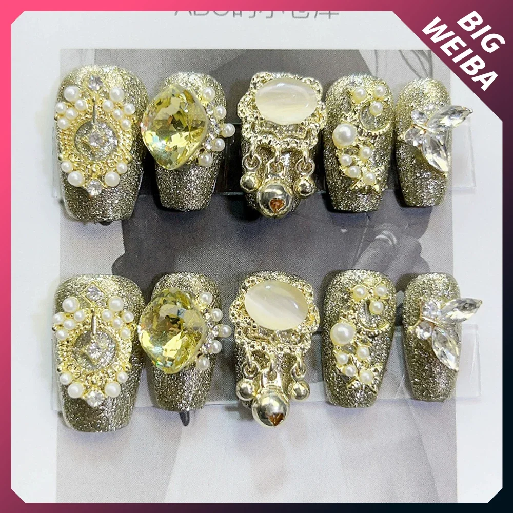 10 ชิ้น Diy Luxury Court เงา Rhinestone Handmade กดบนเล็บยาวโลงศพสั้นสแควร์ Reusable ฝาครอบเล็บ