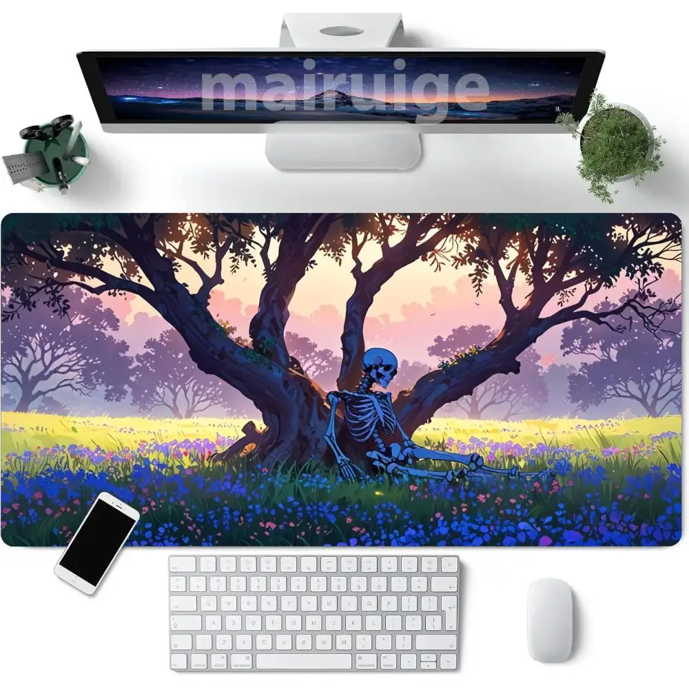 Alfombrilla de ratón con diseño de esqueleto, alfombrilla grande para mesa de juegos de oficina y ordenador, alfombrillas de teclado con bordes cosidos antideslizantes de goma XXL, alfombrillas largas para escritorio