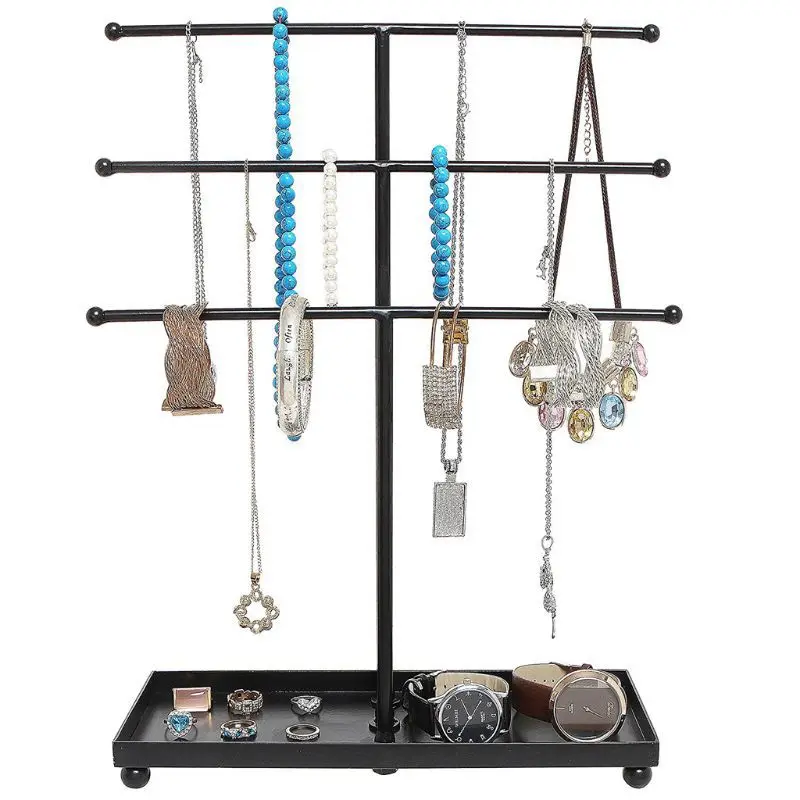 Detachable 3 Layersiron Jewelry Rack with Tray Necklace Bracelet Hanging Hair Rope Key Storage Frame Earring Erings Holder