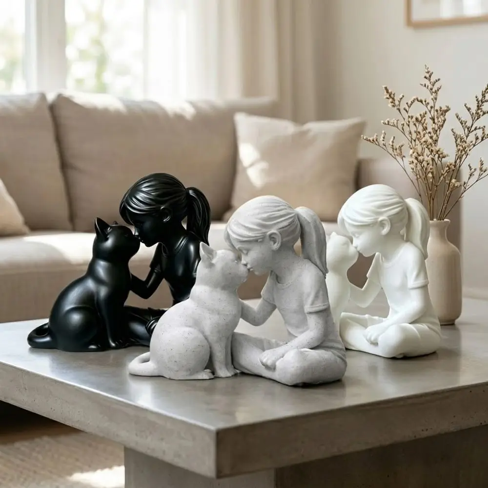 3D Printed Girl and Cat Sculpture Unique Plastic Girl Cat Friendship Statues Crafts Cute Animal Girl Cat Ornaments