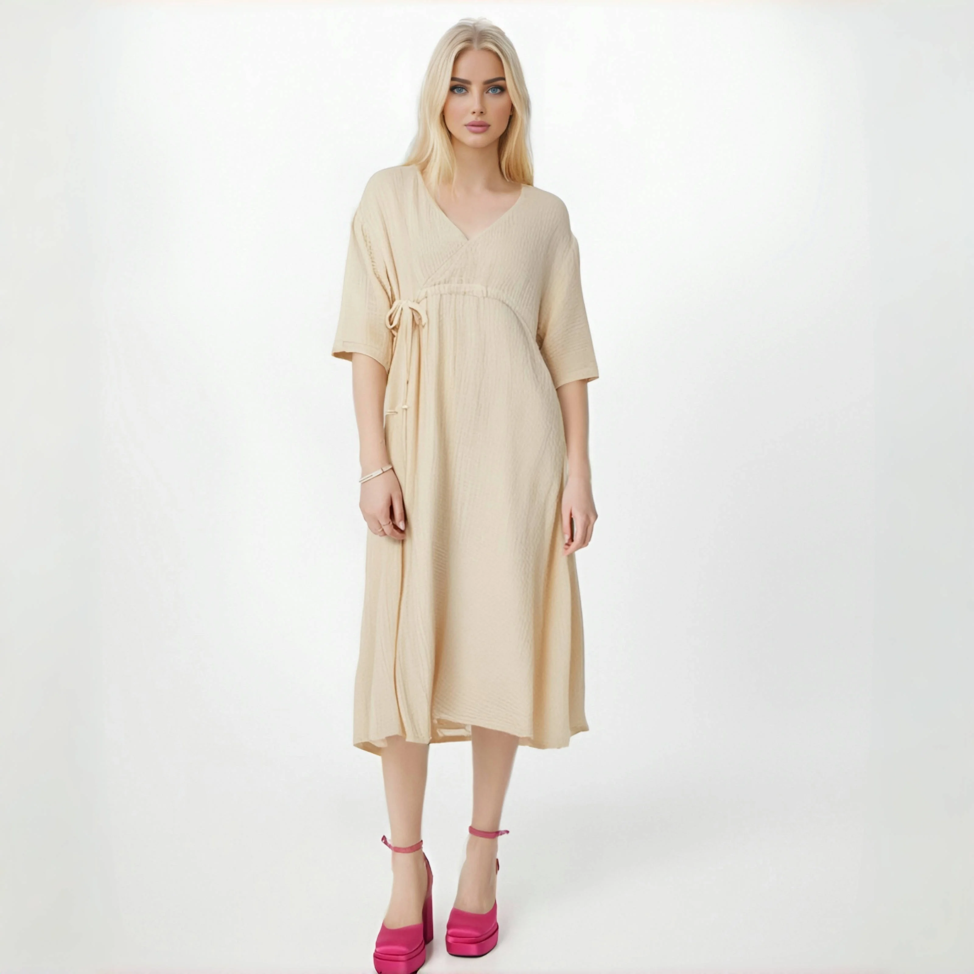 Elegant 100% Cotton Midi Dress Soild Loose Short Sleeve High Waist A-Line Dresses Female Muslin Robe Hoilday Travel Beachwear