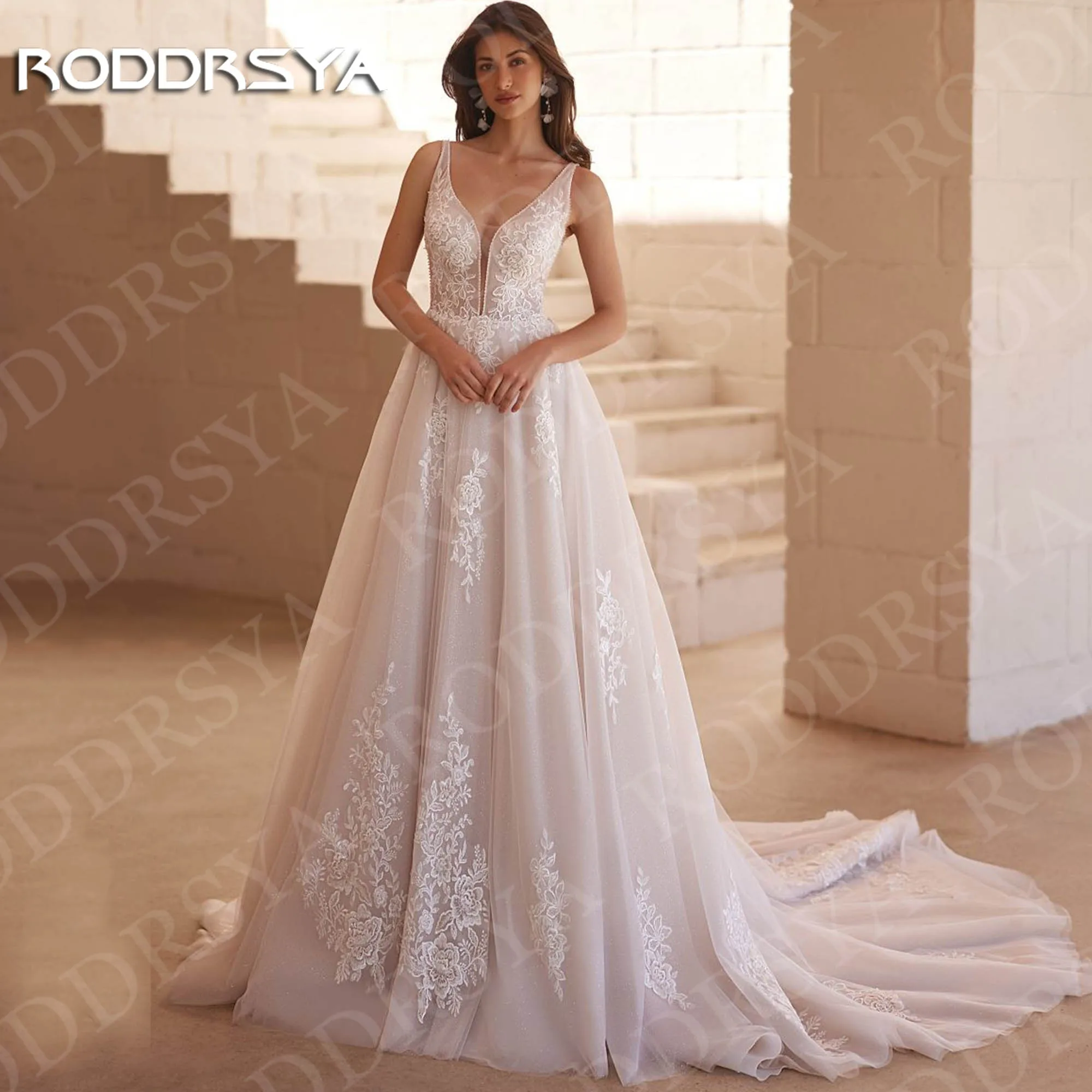 

RODDRSYA Wedding Dresses Boho A Line Lace Glitter Tulle Bride Dress Romantic V Neck Applique Bridal Gown Woman Customized 2026