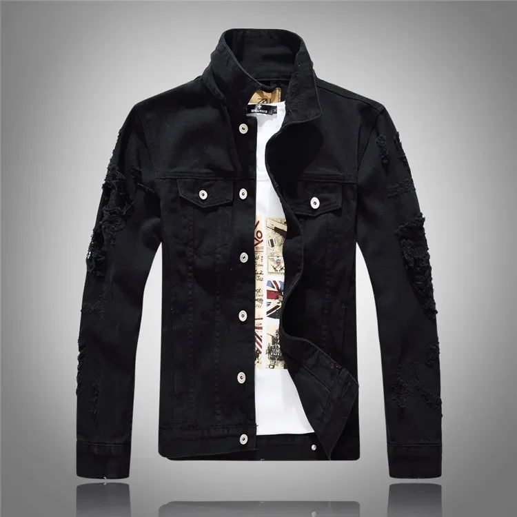 

2023 Men's Autumn New Denim Jacket Teenagers Ripped Leisure Long Sleeve Black Denim Jacket