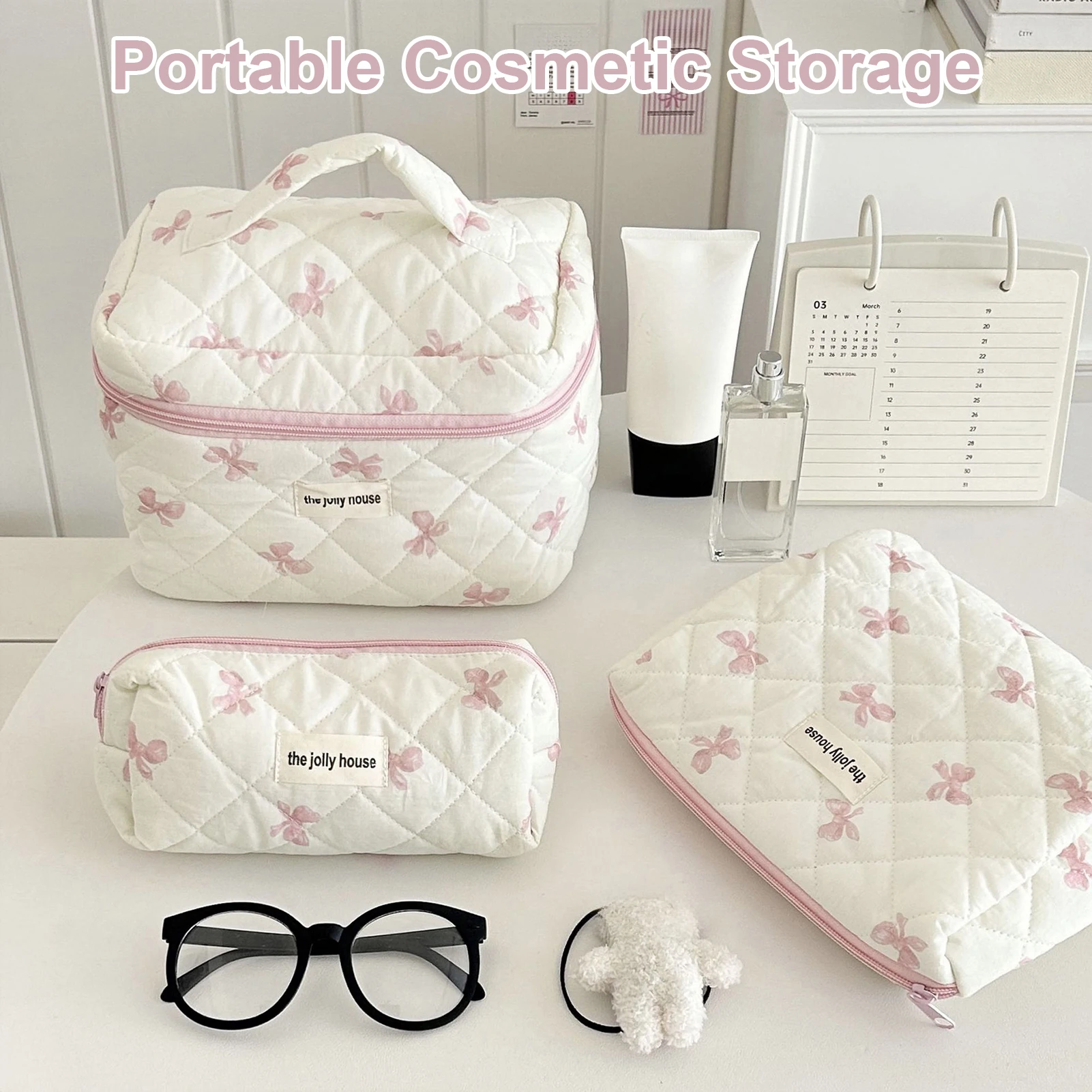 Borsa cosmetica semplice con fiocco carino borsa da toilette da viaggio portatile di grande capacità borsa per cosmetici borse Organizer per ragazze