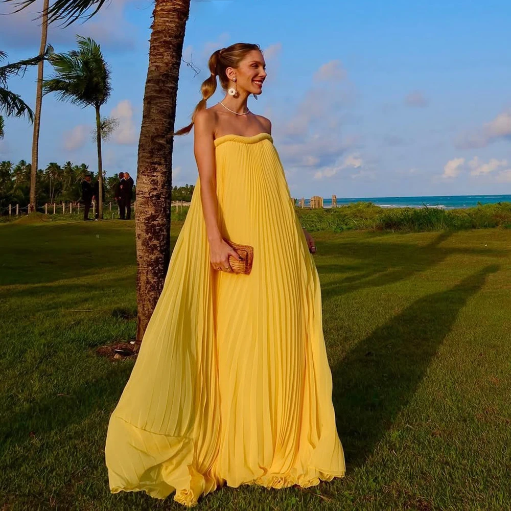 Dreamlike Yellow Holiday Dress 2025 Summer Pleated Chiffon Long Formal Party Dresses Beach Boho Bridal Dress Prom Gown Custom