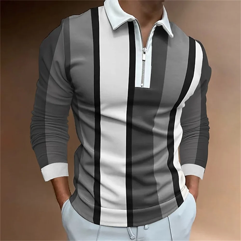 

2024 Golf Wear Men Striped Print Microelastic Lapel Polo Shirts Men Top Porosity Fashion Zipper Long Sleeve T Shirt Men Clothing
