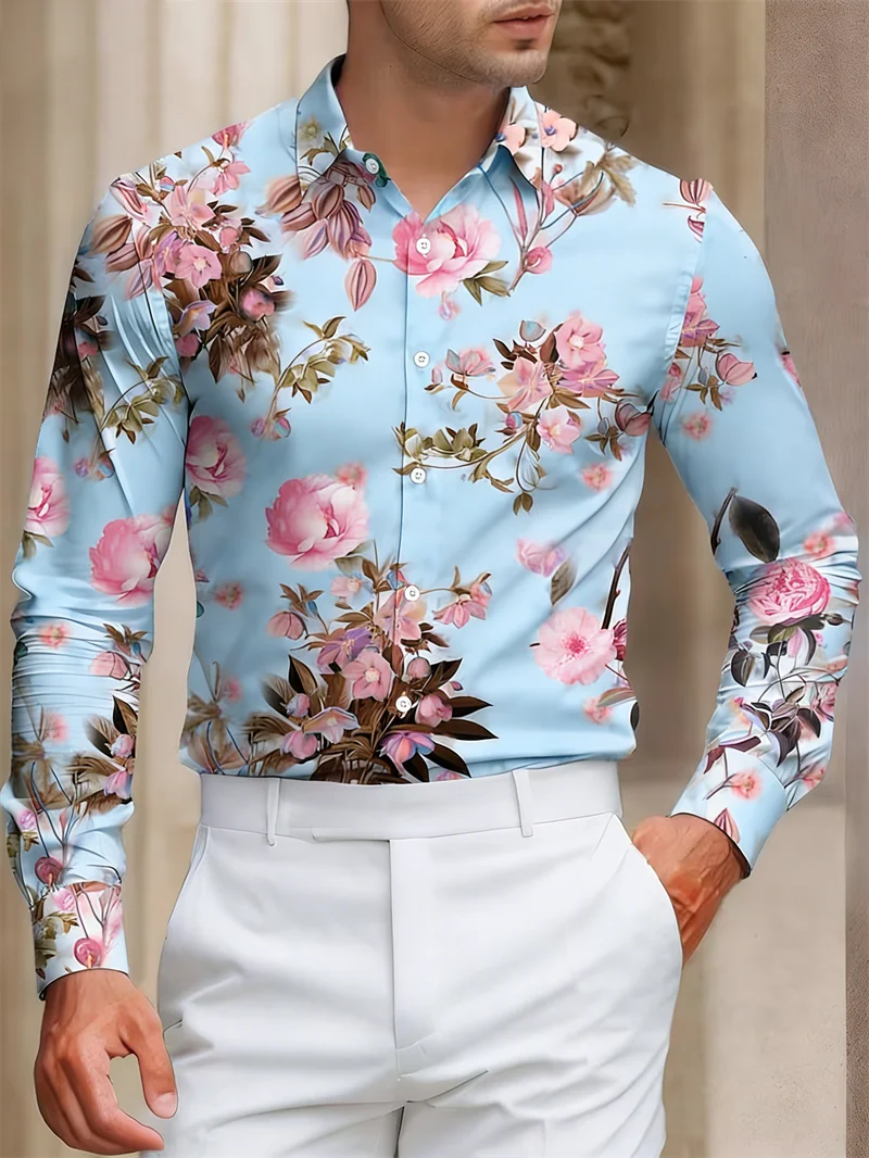 Camisa de manga larga para hombre con estampado de amanecer en la playa y vista al mar, estilo hawaiano, informal, versátil y floral.