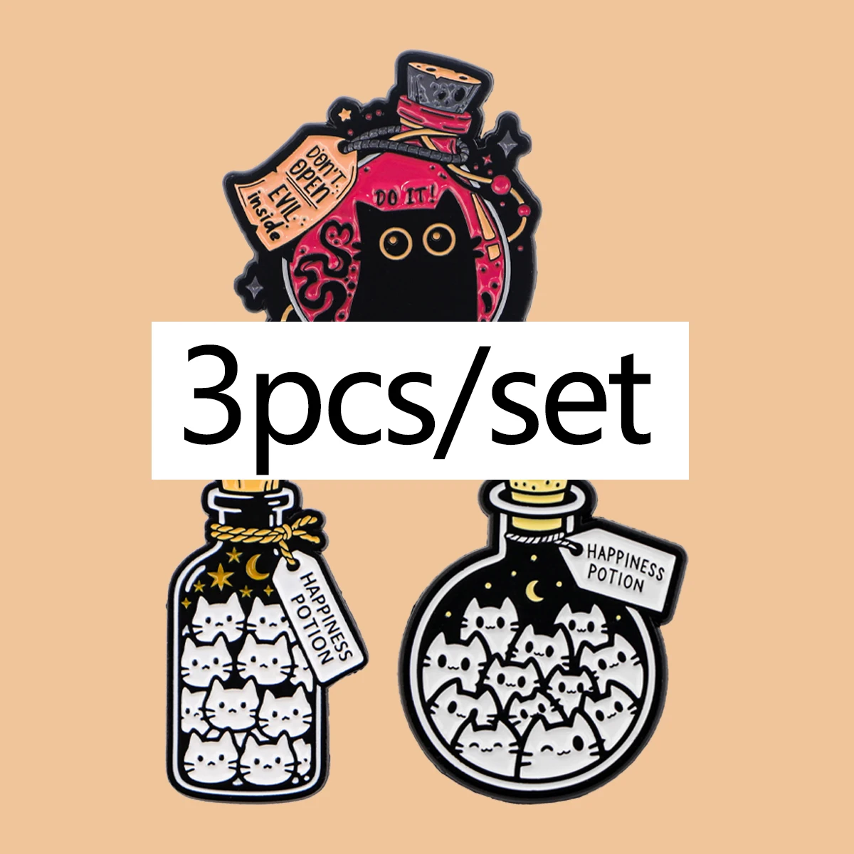 

3pcs/set Witch Bottle Black Cats Enamel Pines Animals Brooch Metal Pins Badge on Backpack Clothing Accessories Fashion Jewelry