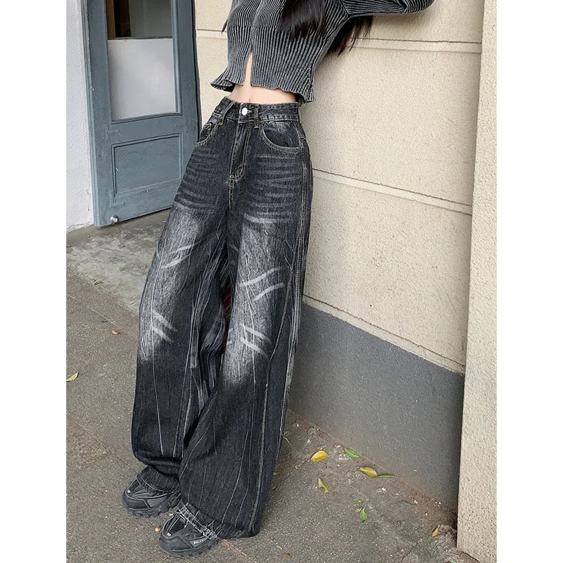 Black High Waist Women Jeans Design Harajuku Fashion Vintage Streetwear Wide Leg Jean Female Trouser E-girl Baggy Denim Pants