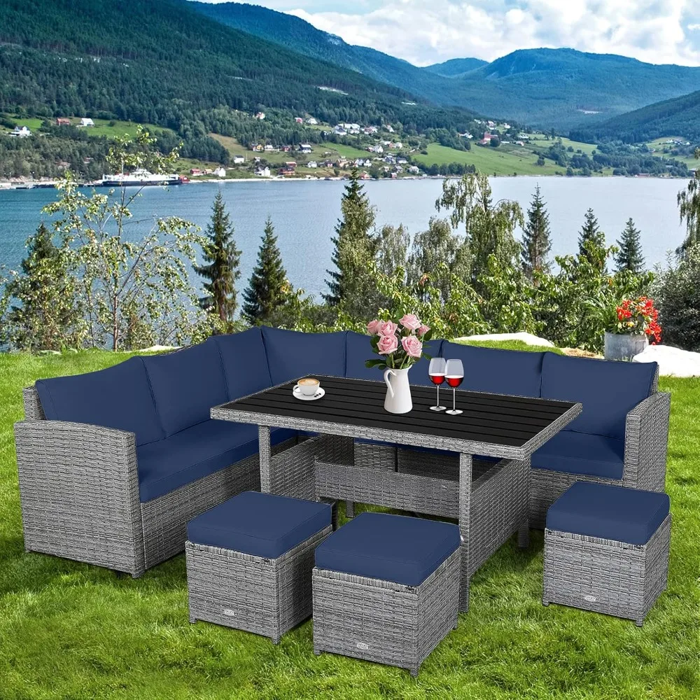 Juego de muebles de mimbre para Patio, juego de sofá de mimbre para exteriores con mesa de comedor y otomanos, cojines suaves para jardín trasero, 7 Uds.