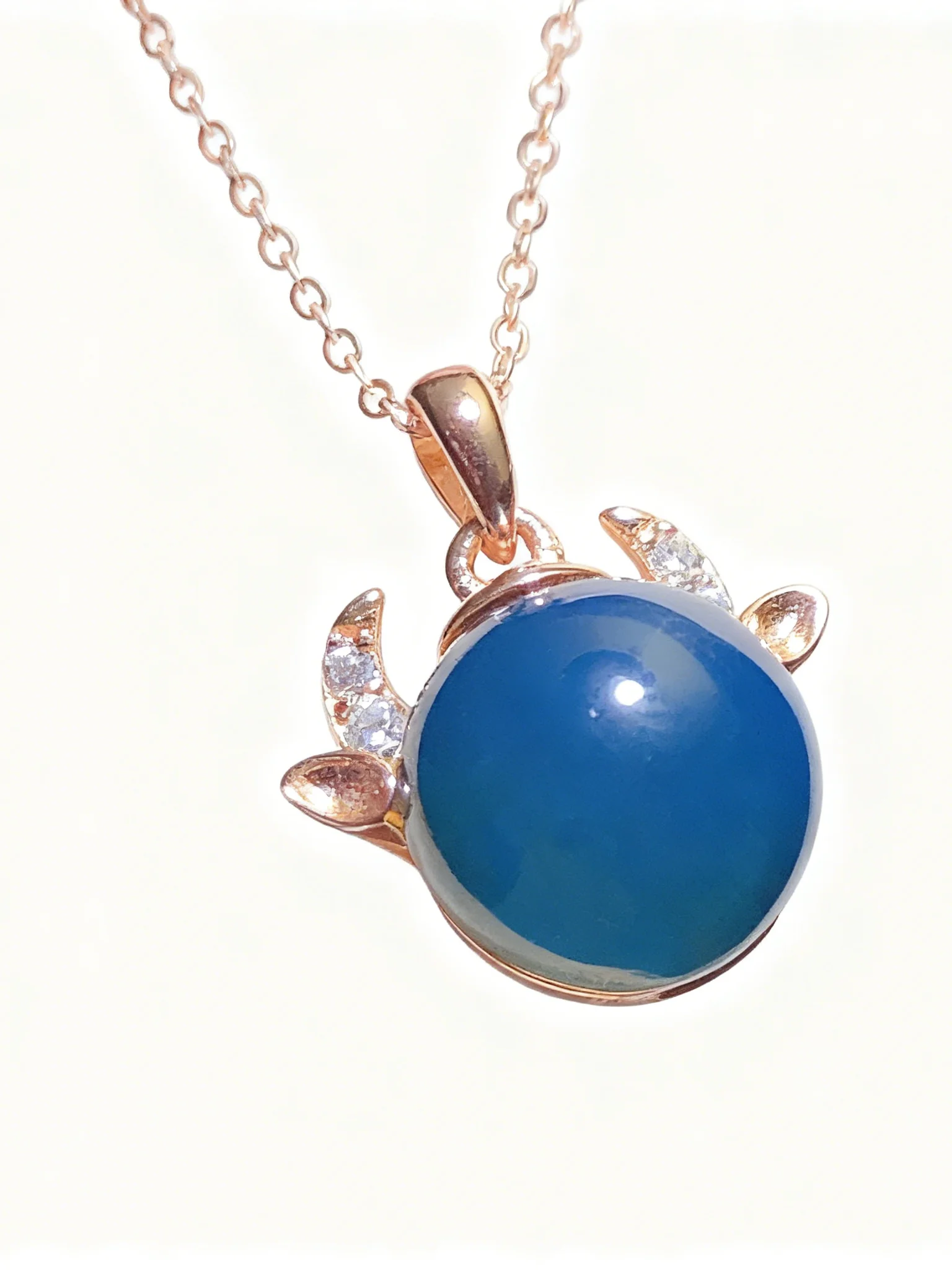 

Cute Bull Head Pendant Necklace with Natural Mexican Blue Amber, 15mm Sterling Silver Animal Jewelry Gift