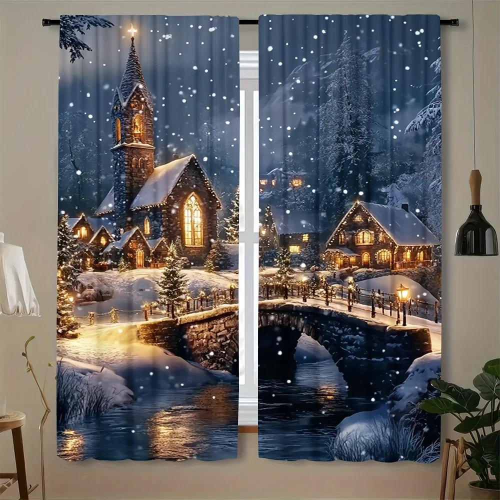 Christmas Village Winter Wonderland Pattern Rod Pocket Window Curtains Elegant Home Decor for Living Room and Bedroom