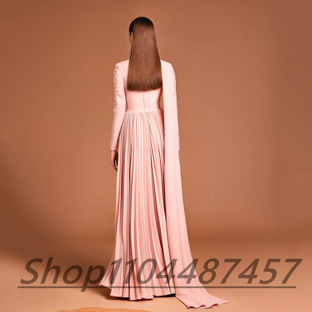 Customized Pink Jersey O-neck A-line Evening Dress Full Sleeves Appliques Draped Sweep Train Zipper Floor Length Party Prom Gown