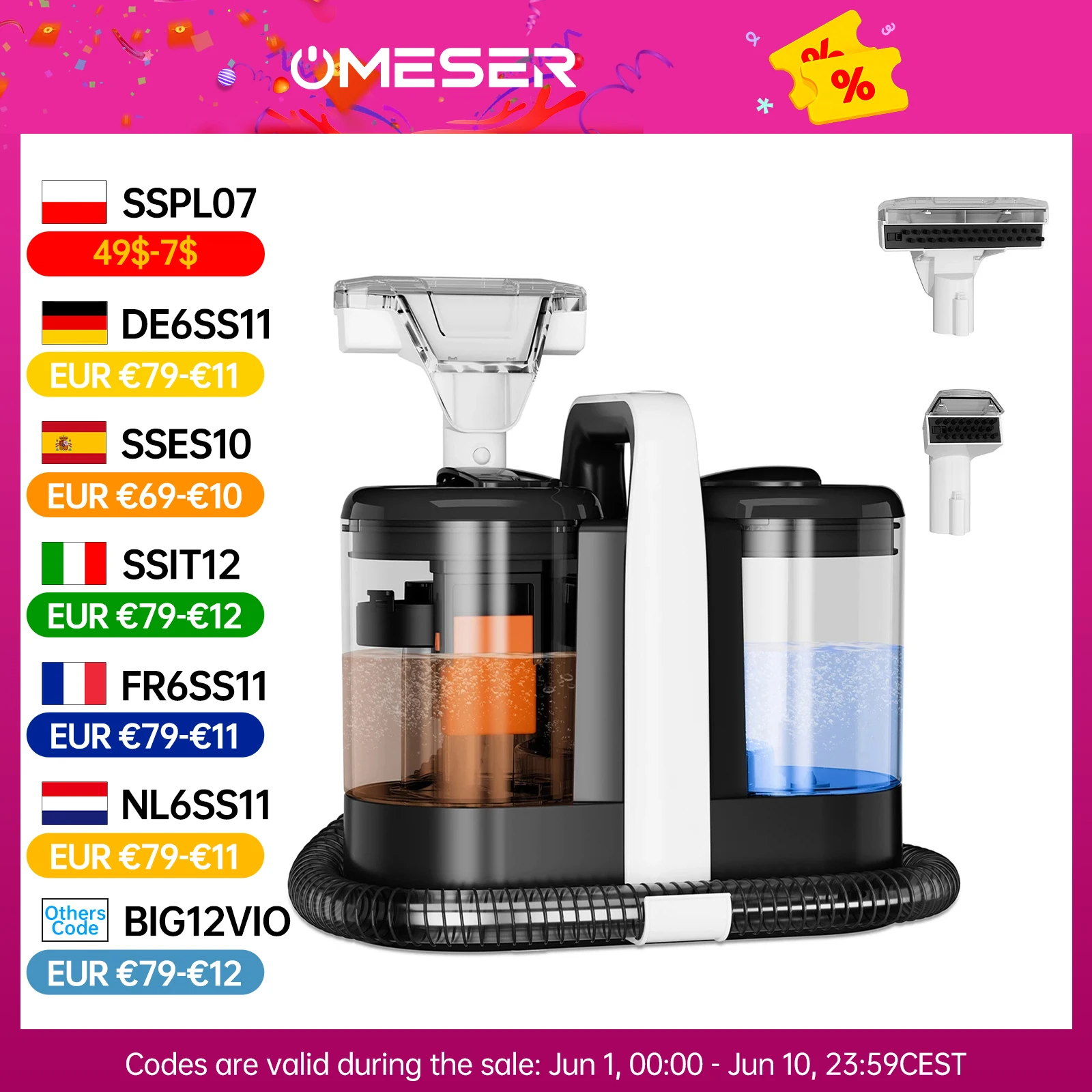 OMESER W07 15KPa Machine de nettoyage de tapis Portable 600W nettoyeur de tissus d'ameublement nettoyeur de taches spécial pour animaux de compagnie puissant pour canapé siège de voiture