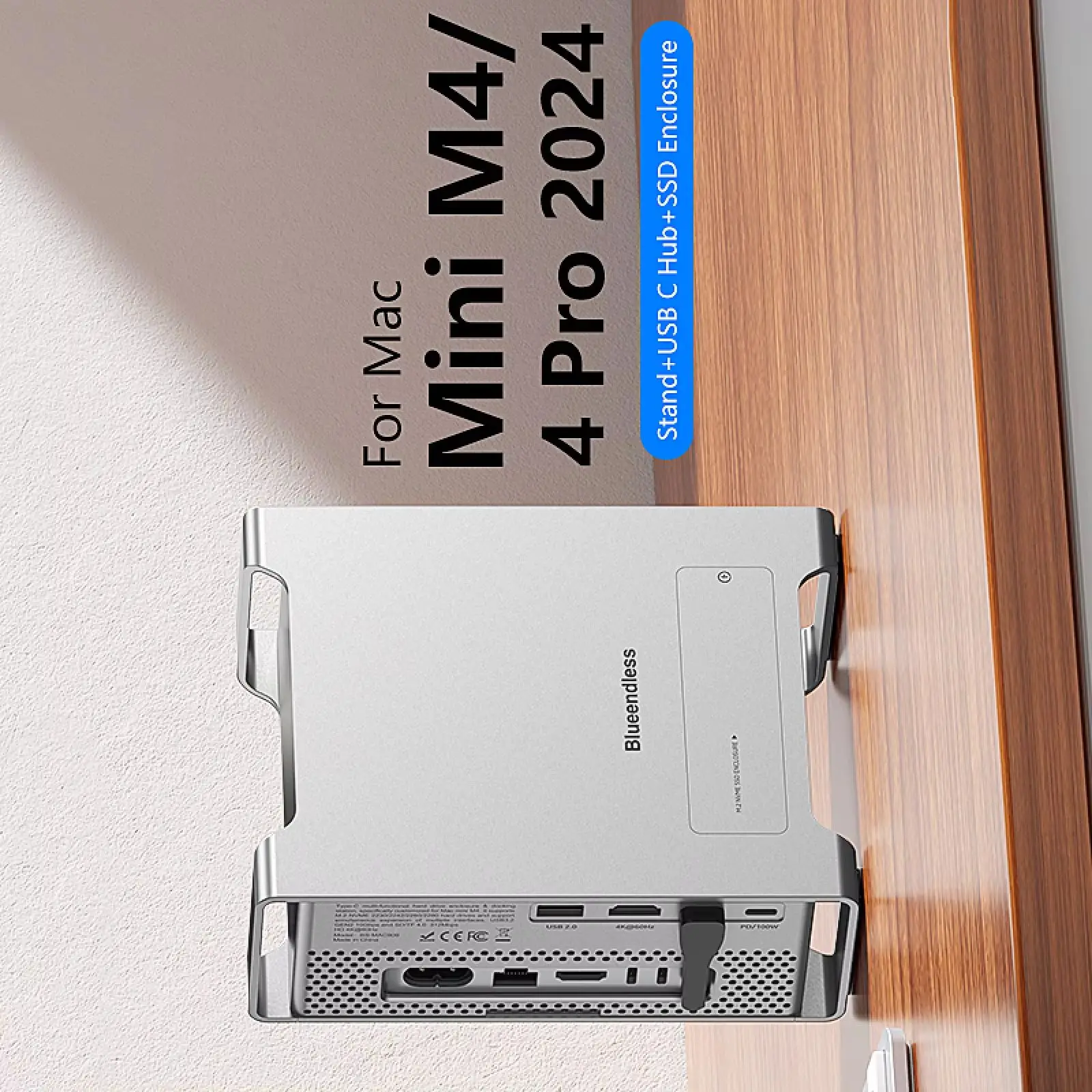 USB-C Hub with M.2 NVME SSD Enclosure for Mac Mini M4/M4 Pro Stand Docking Station HDMI-compatible USB3.2 Gen2
