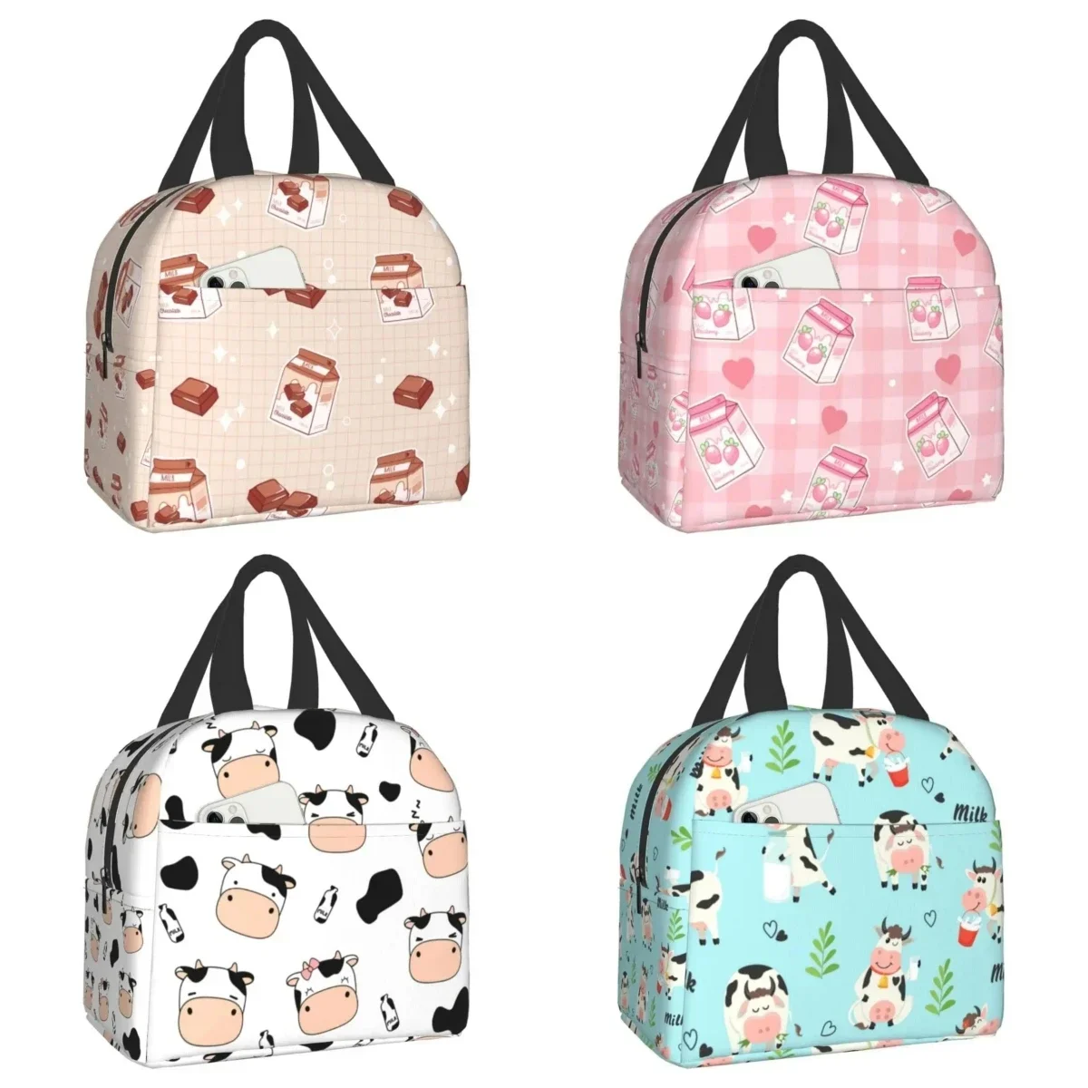 

Farm Cows and Milk Bottle Print Lunch Box, Kawaii Small Insulation Lunch Bag, Reusable Food Bag Lunch Containers Bags for Women
