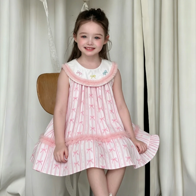 

2026 Summer New Sweet Big Collar Princess Dress for Girls Childrens Baby Bow Printed Sleeveless Dress Fashionable Stylish